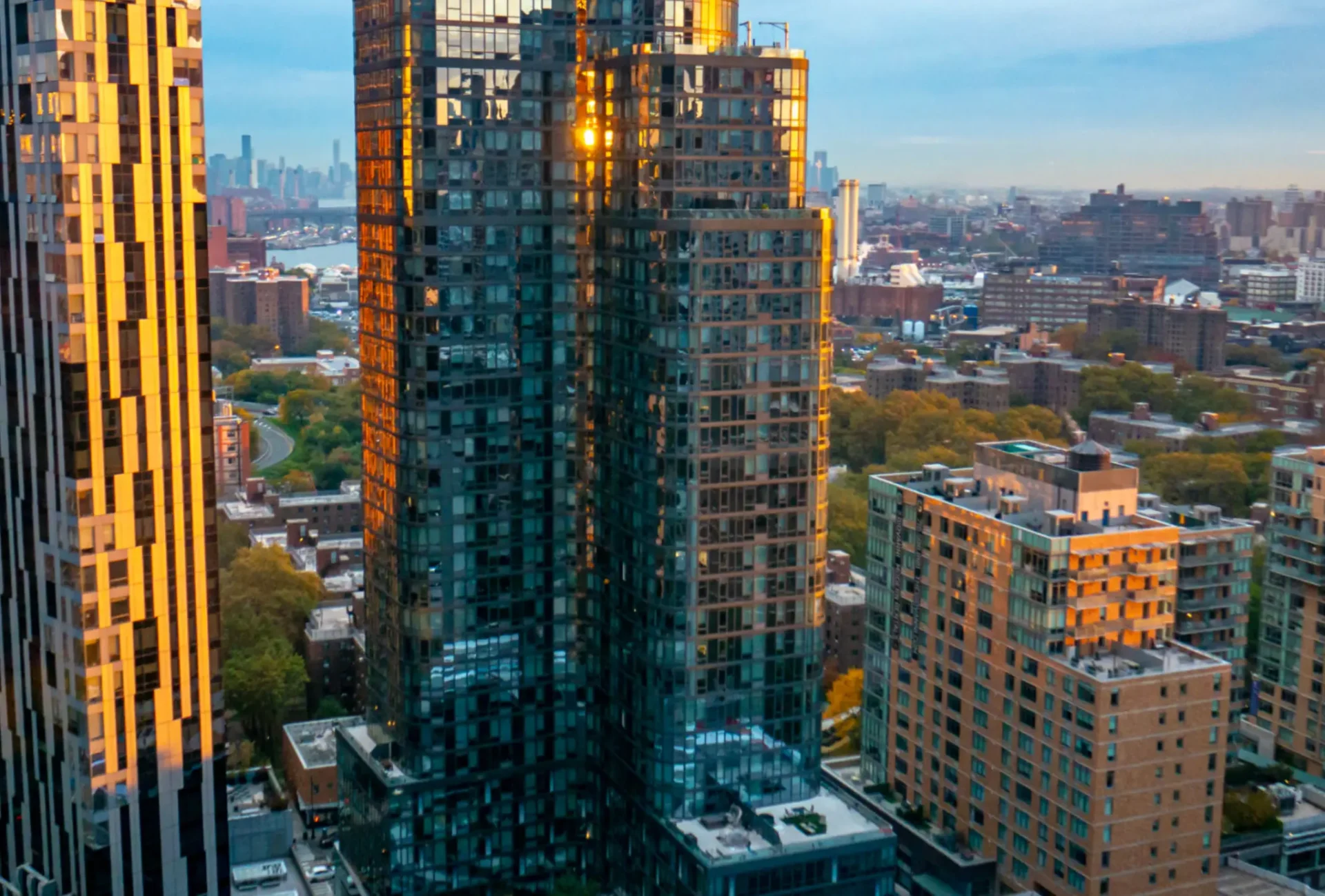 Sunset reflecting on city skyscrapers