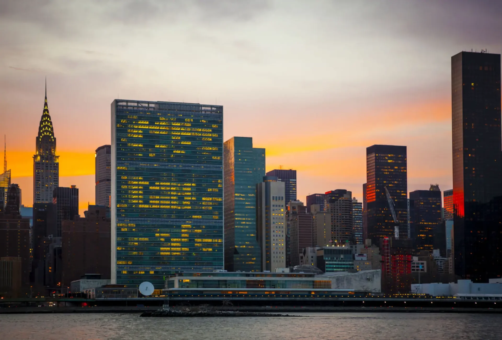City skyline at sunset