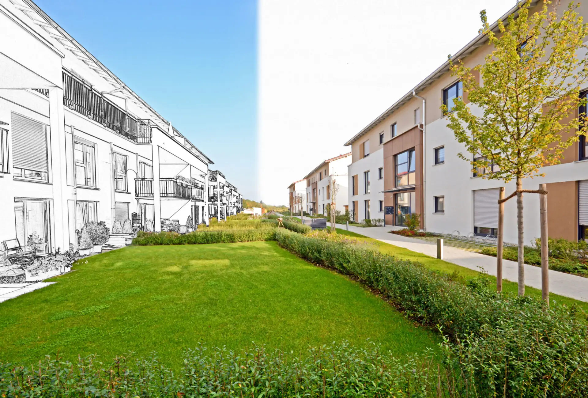 Split view: illustrated and real residential buildings.