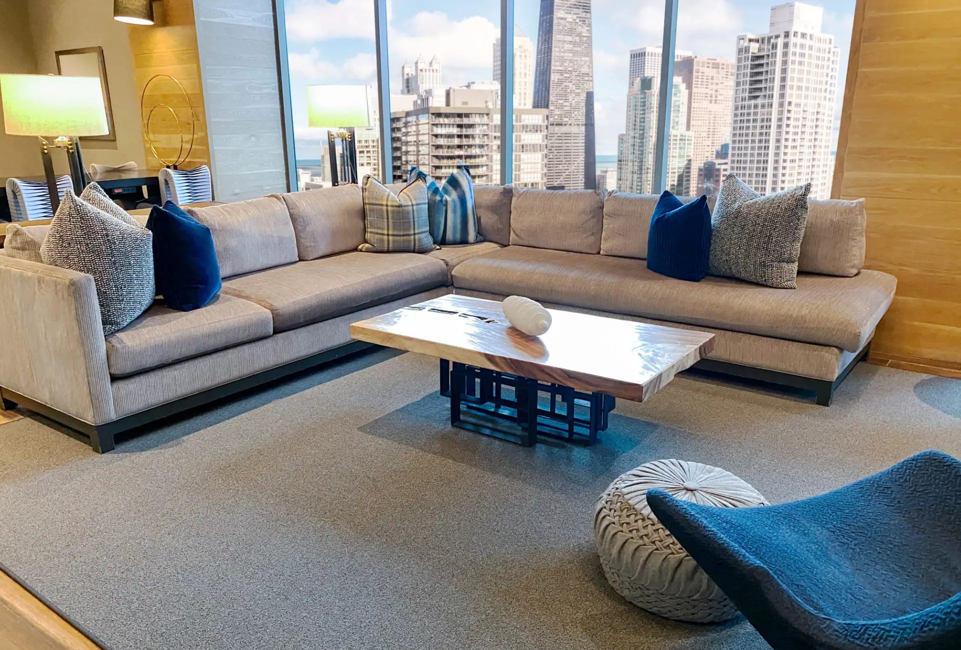 Modern living room with city view.