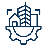 Cityscape and gear symbol on black background